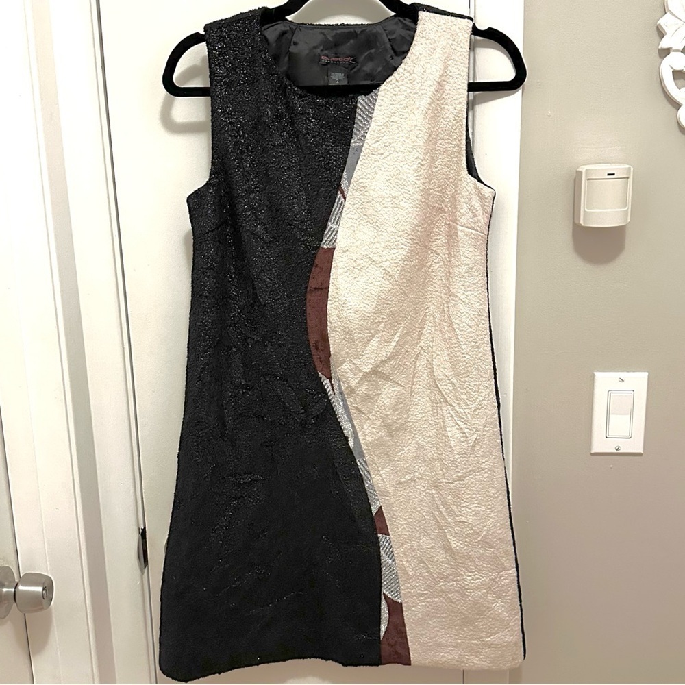 CUSTO BARCELONA Fuzzy Retro Mini Dress S Fitted Shimmer Black Cream Ying Yang